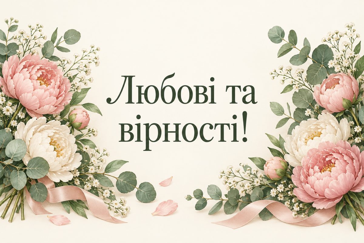 Листівка з днем весілля і річницею: весільний букет із півоній та евкаліпта, напис «Любові та вірності!»