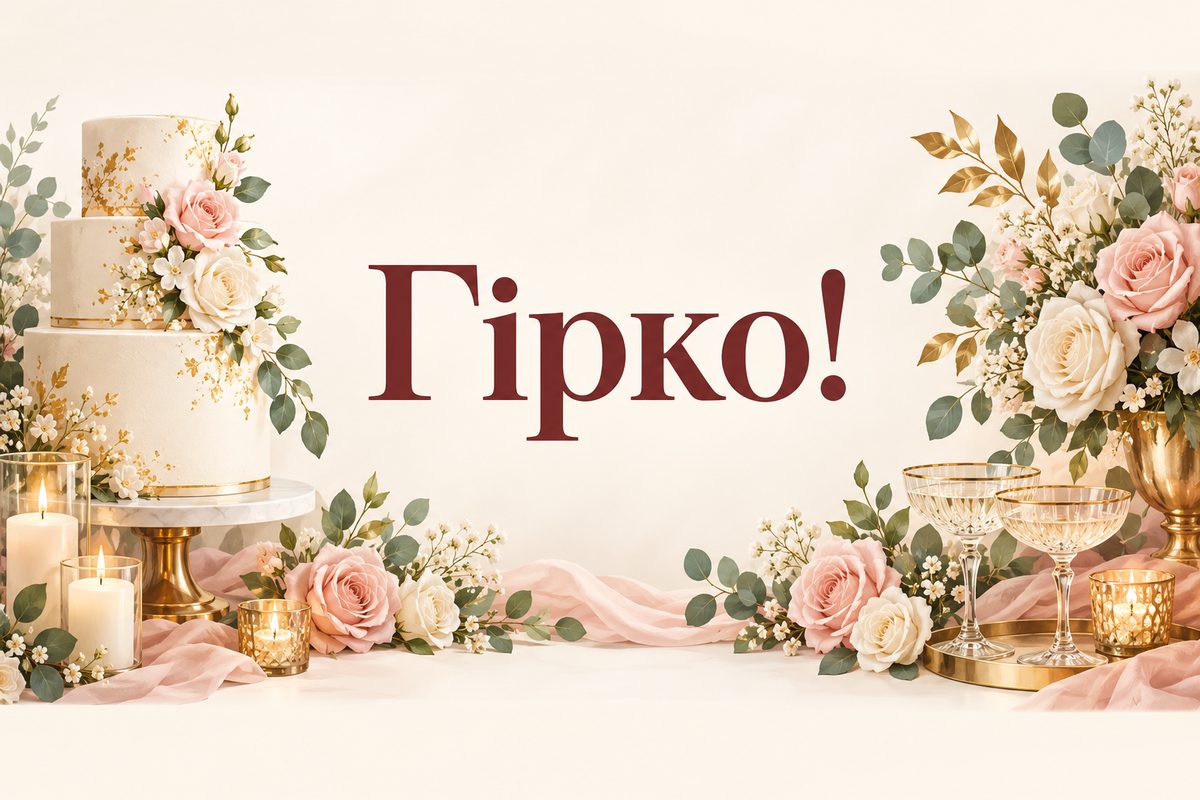 Листівка з днем весілля і річницею: ярусний весільний торт із цукровими квітами, напис «Гірко!»