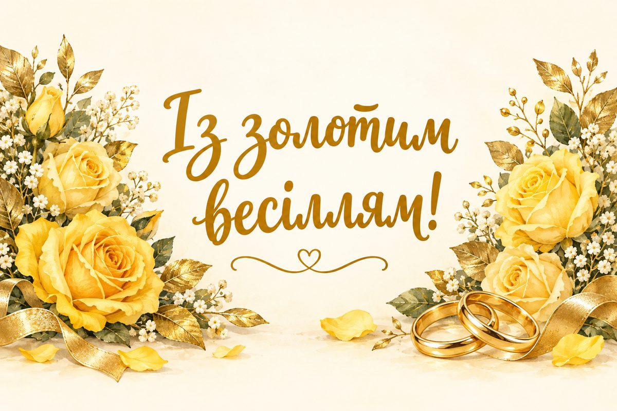 Листівка з днем весілля і річницею: золоте весілля, 50 років: золоті обручки й жовті троянди, напис «Із золотим весіллям!»