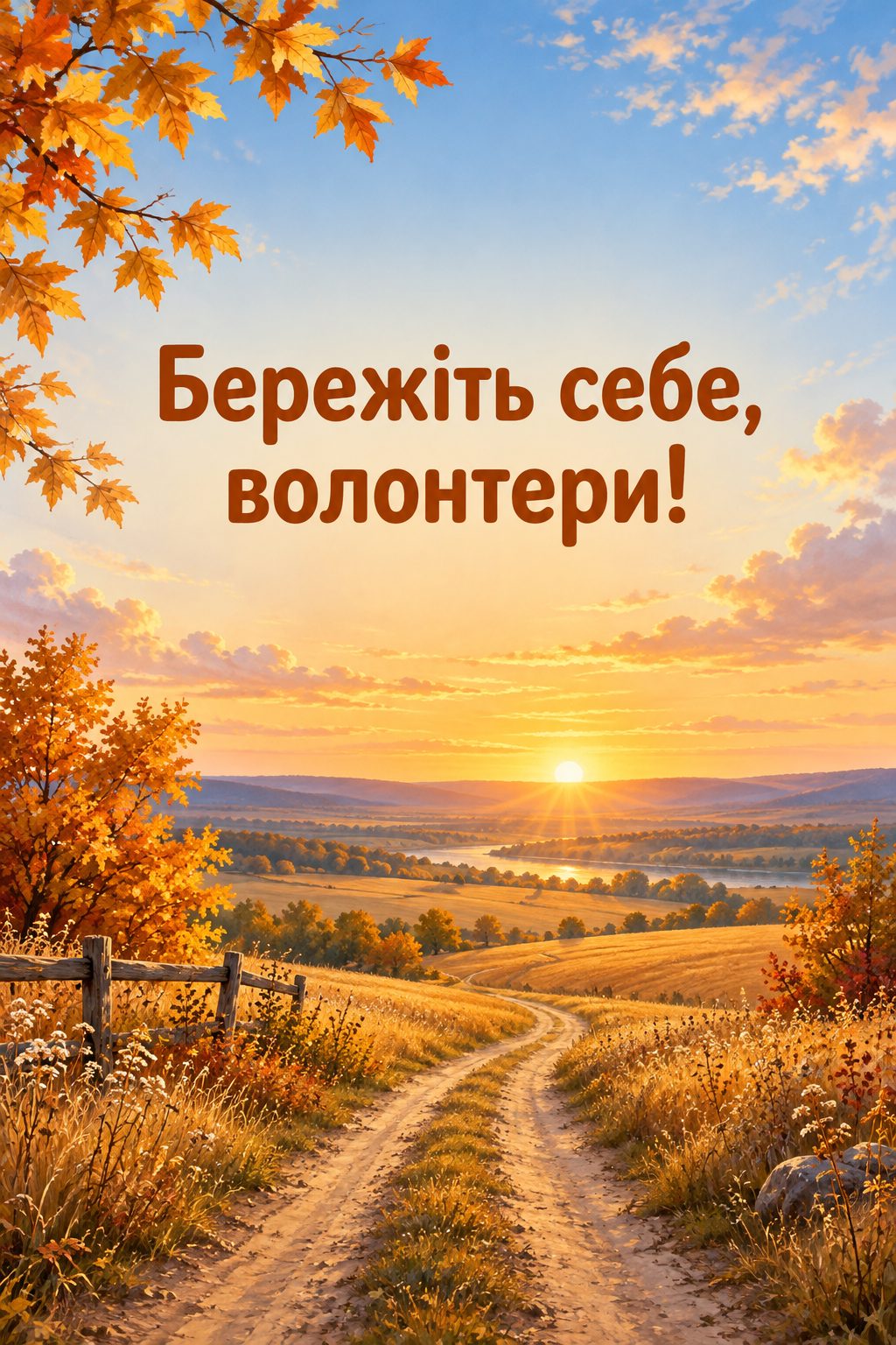 Листівка з Днем волонтера: дорога через осінні поля до обрію на світанку, напис «Бережіть себе, волонтери!»