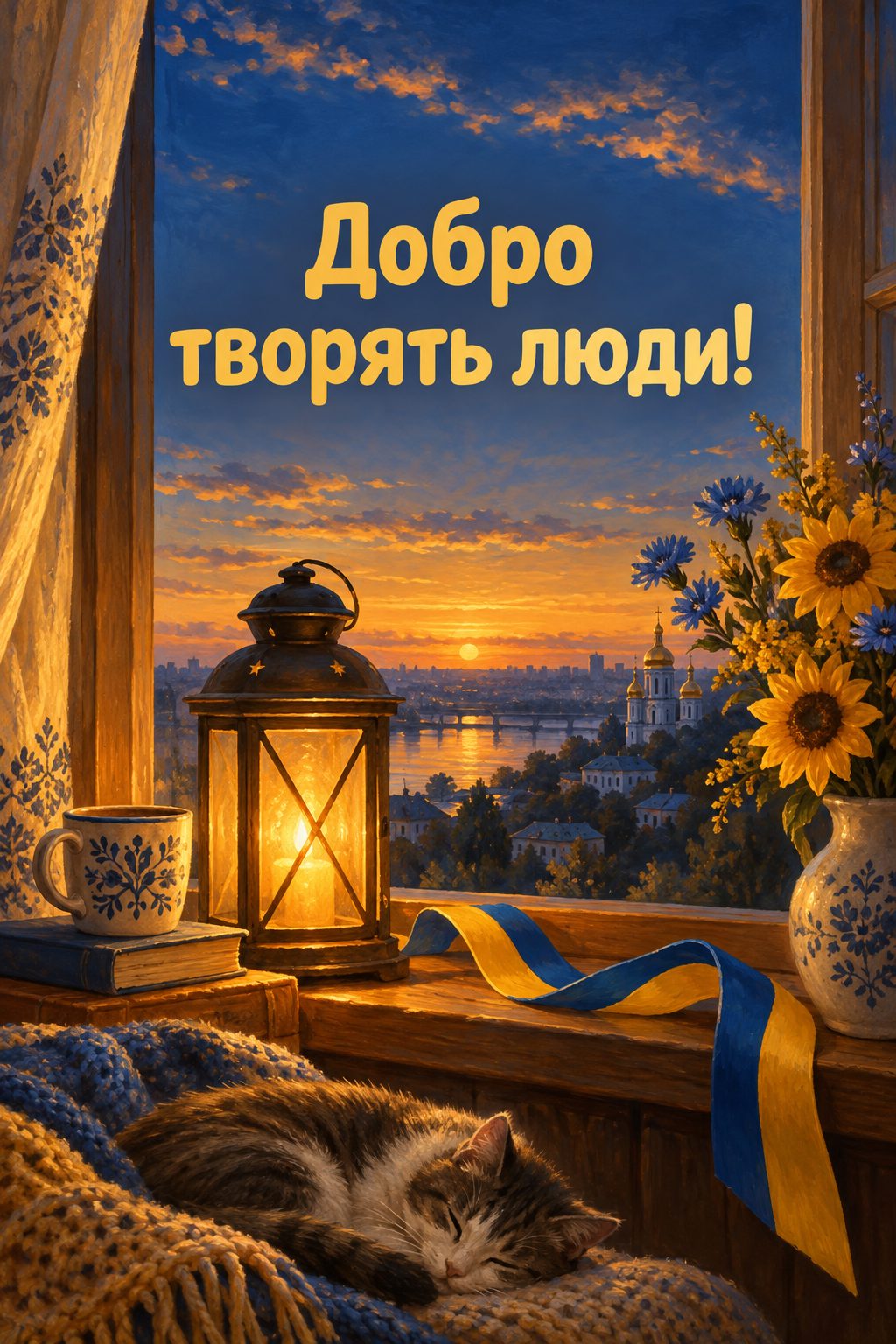 Листівка з Днем волонтера: запалений ліхтар на підвіконні й жовто-блакитна стрічка, напис «Добро творять люди!»
