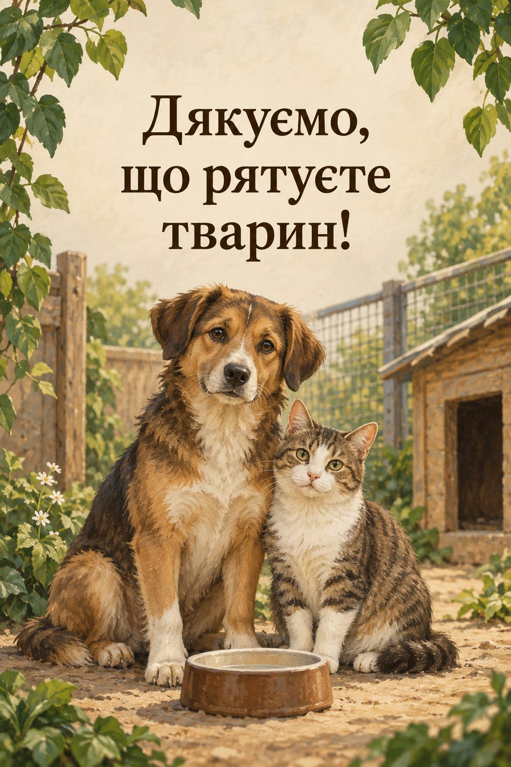 Листівка з Днем волонтера: пес і кіт поруч біля миски у дворі притулку, напис «Дякуємо, що рятуєте тварин!»