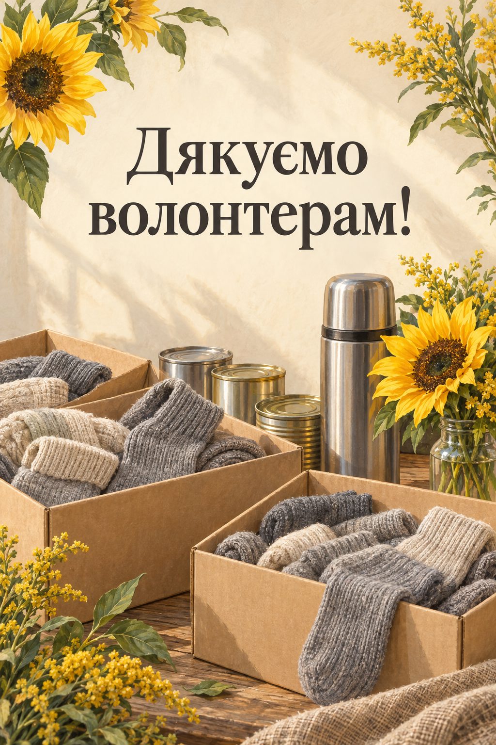 Листівка з Днем волонтера: картонні коробки з в'язаними шкарпетками, консервами й термосом, напис «Дякуємо волонтерам!»
