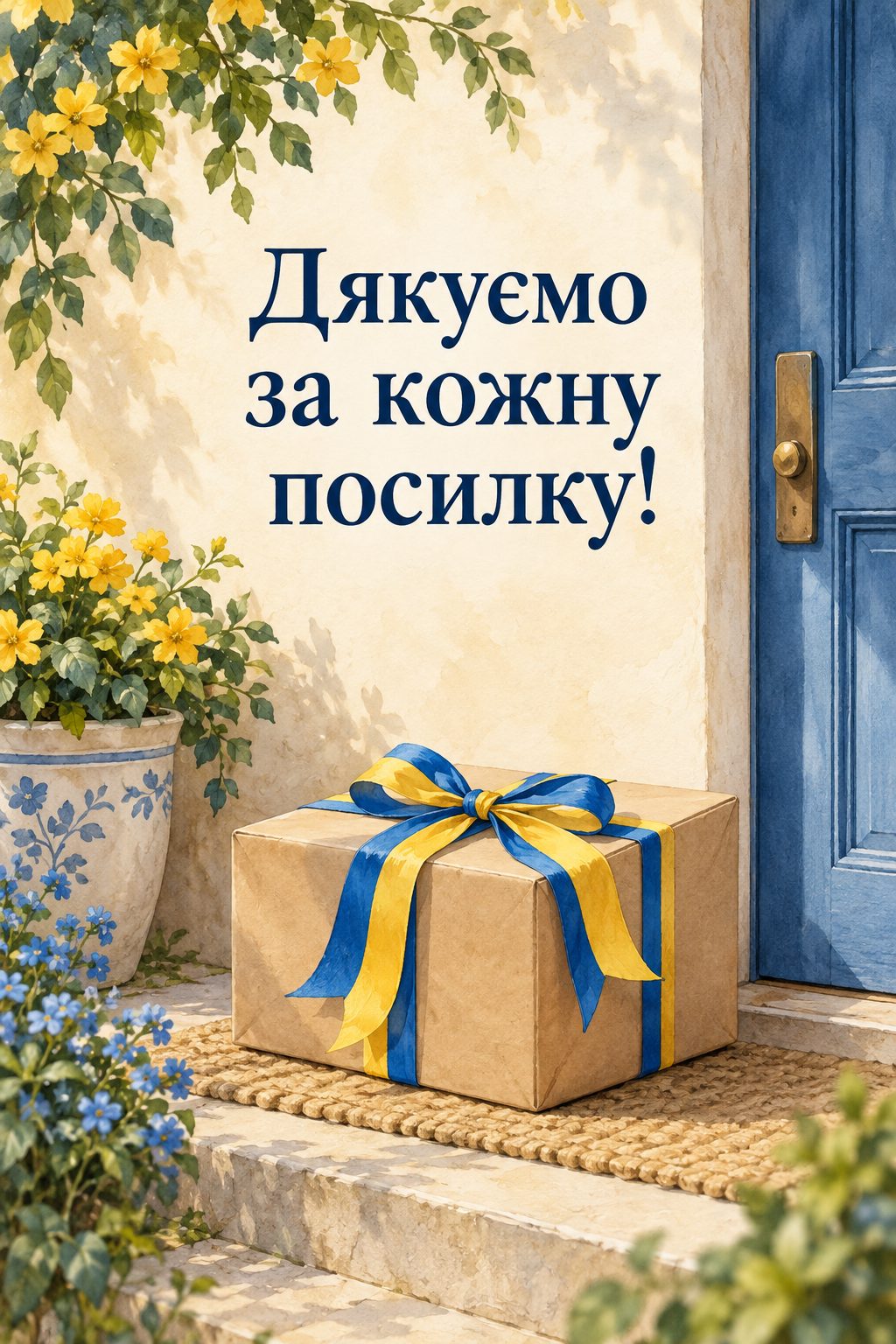 Листівка з Днем волонтера: посилка з жовто-блакитною стрічкою на порозі, напис «Дякуємо за кожну посилку!»