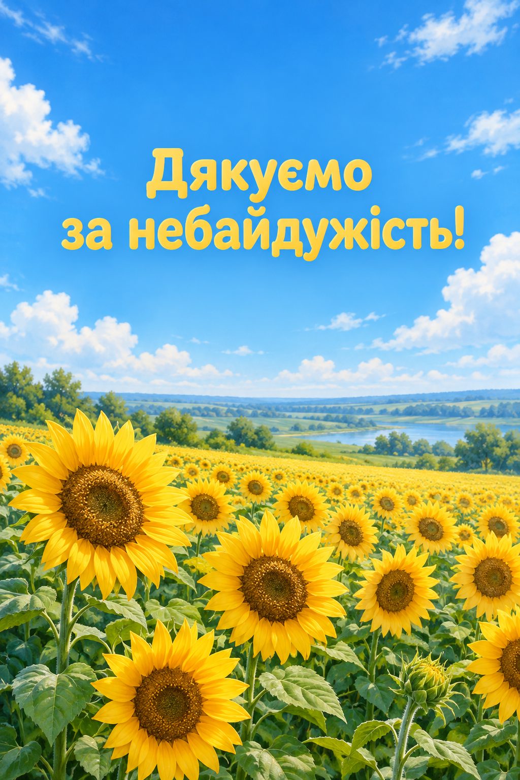 Листівка з Днем волонтера: поле соняшників під синім небом, напис «Дякуємо за небайдужість!»