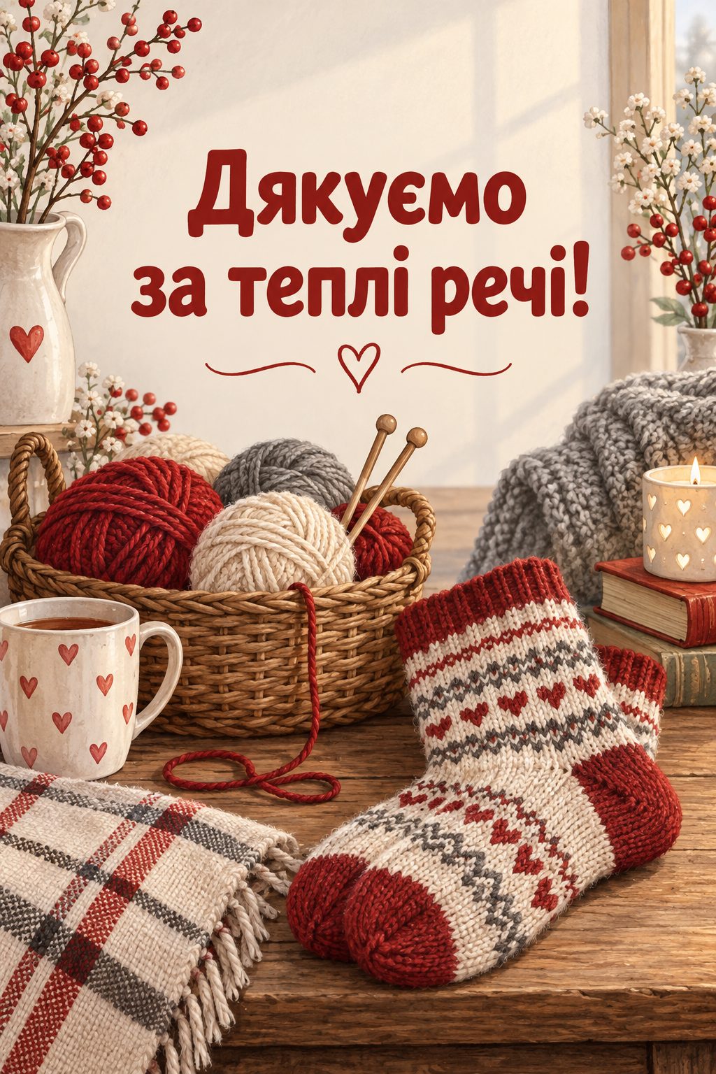 Листівка з Днем волонтера: кошик клубків зі спицями й пара в'язаних шкарпеток, напис «Дякуємо за теплі речі!»
