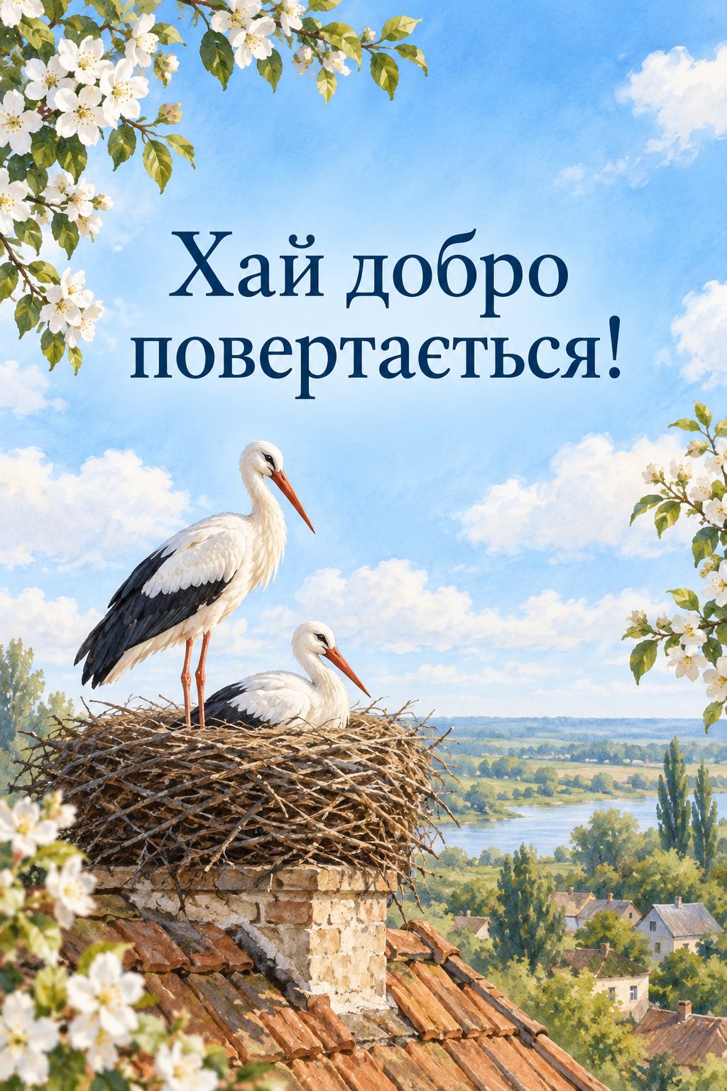 Листівка з Днем волонтера: гніздо з двома лелеками на даху, напис «Хай добро повертається!»