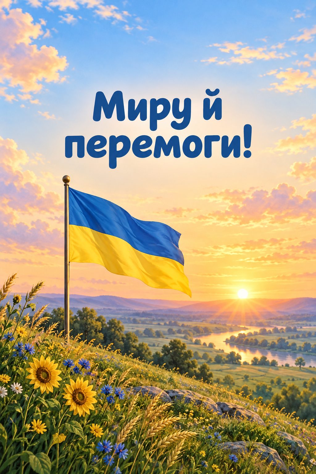 Листівка з Днем волонтера: жовто-блакитний прапор над пагорбом на світанку, напис «Миру й перемоги!»