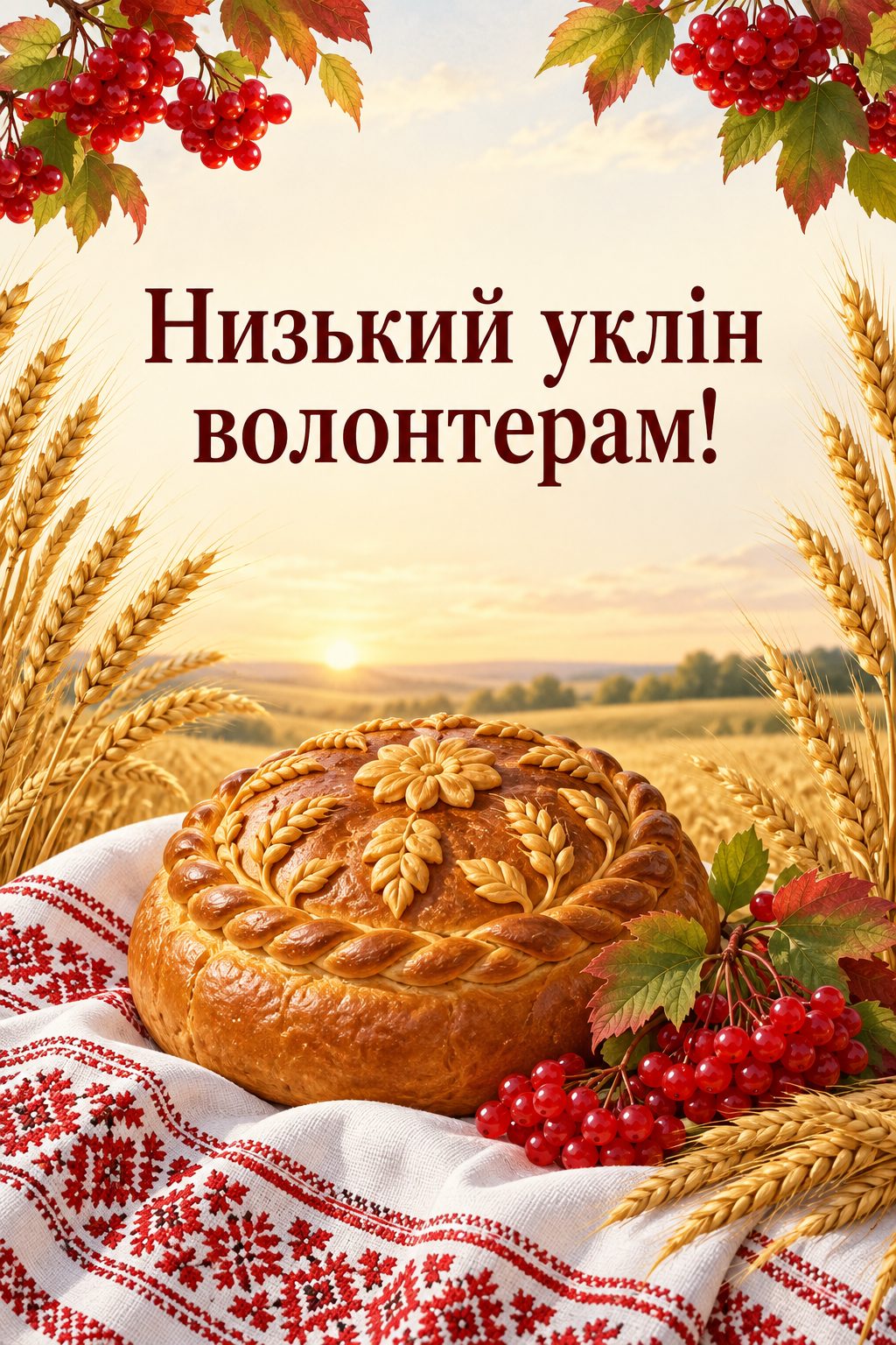 Листівка з Днем волонтера: коровай на вишитому рушнику, калина й колоски, напис «Низький уклін волонтерам!»