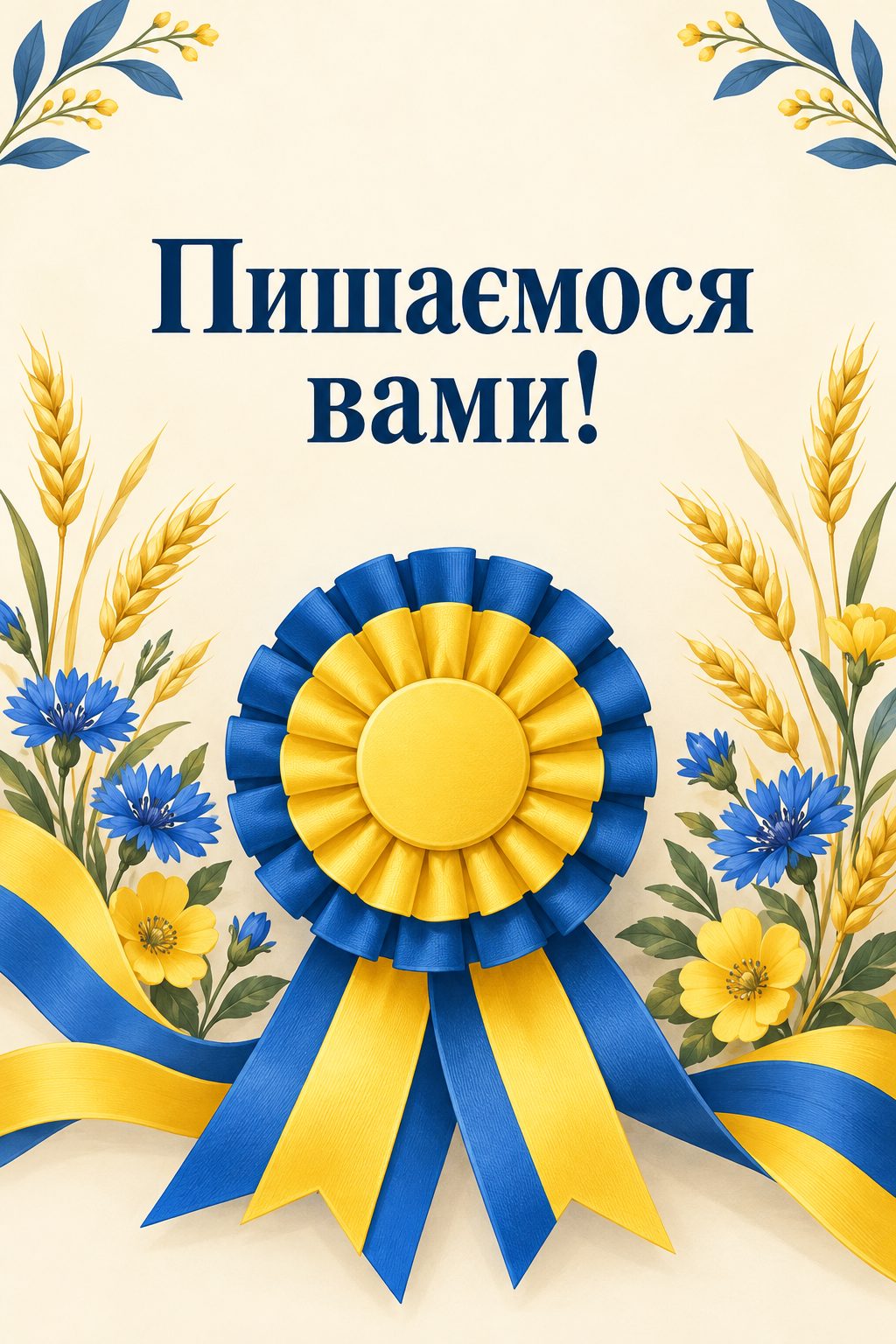 Листівка з Днем волонтера: нагородна розетка з жовтих і блакитних стрічок, напис «Пишаємося вами!»