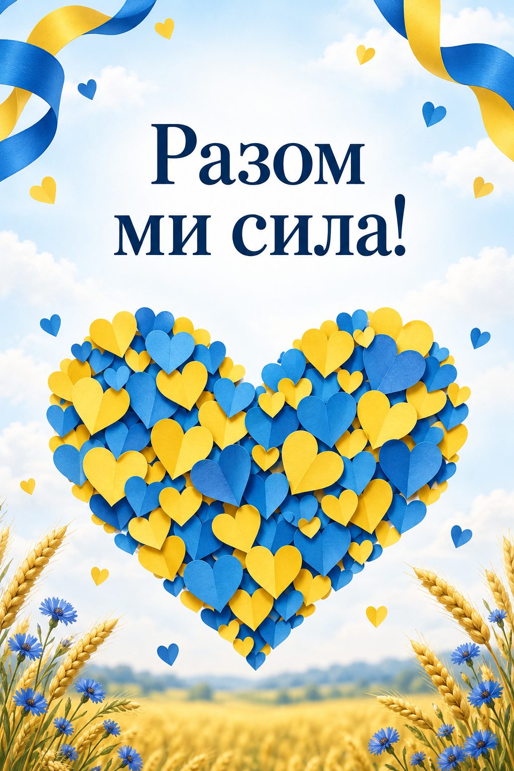 Листівка з Днем волонтера: багато паперових сердечок, складених в одне велике серце, напис «Разом ми сила!»