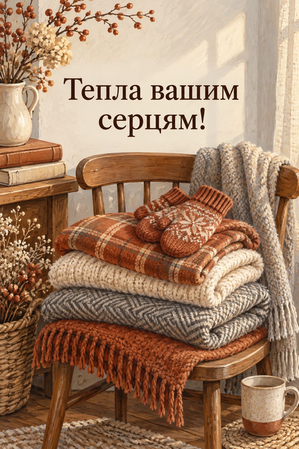 Листівка з Днем волонтера: стос теплих ковдр і в'язані рукавички на стільці, напис «Тепла вашим серцям!»