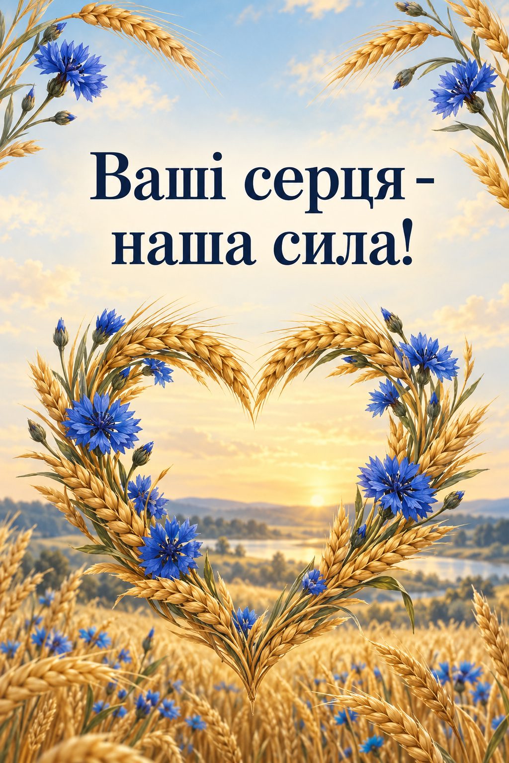 Листівка з Днем волонтера: серце з колосків пшениці й волошок, напис «Ваші серця - наша сила!»