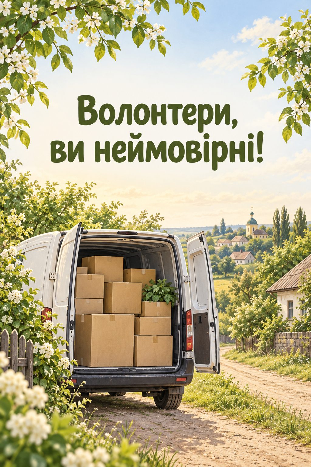 Листівка з Днем волонтера: бус із відчиненими дверима, повний коробок, на сільській дорозі, напис «Волонтери, ви неймовірні!»