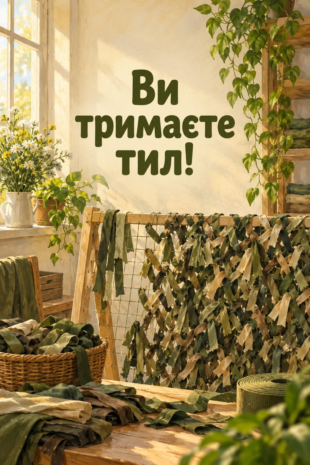 Листівка з Днем волонтера: недоплетена маскувальна сітка на дерев'яній рамі, напис «Ви тримаєте тил!»