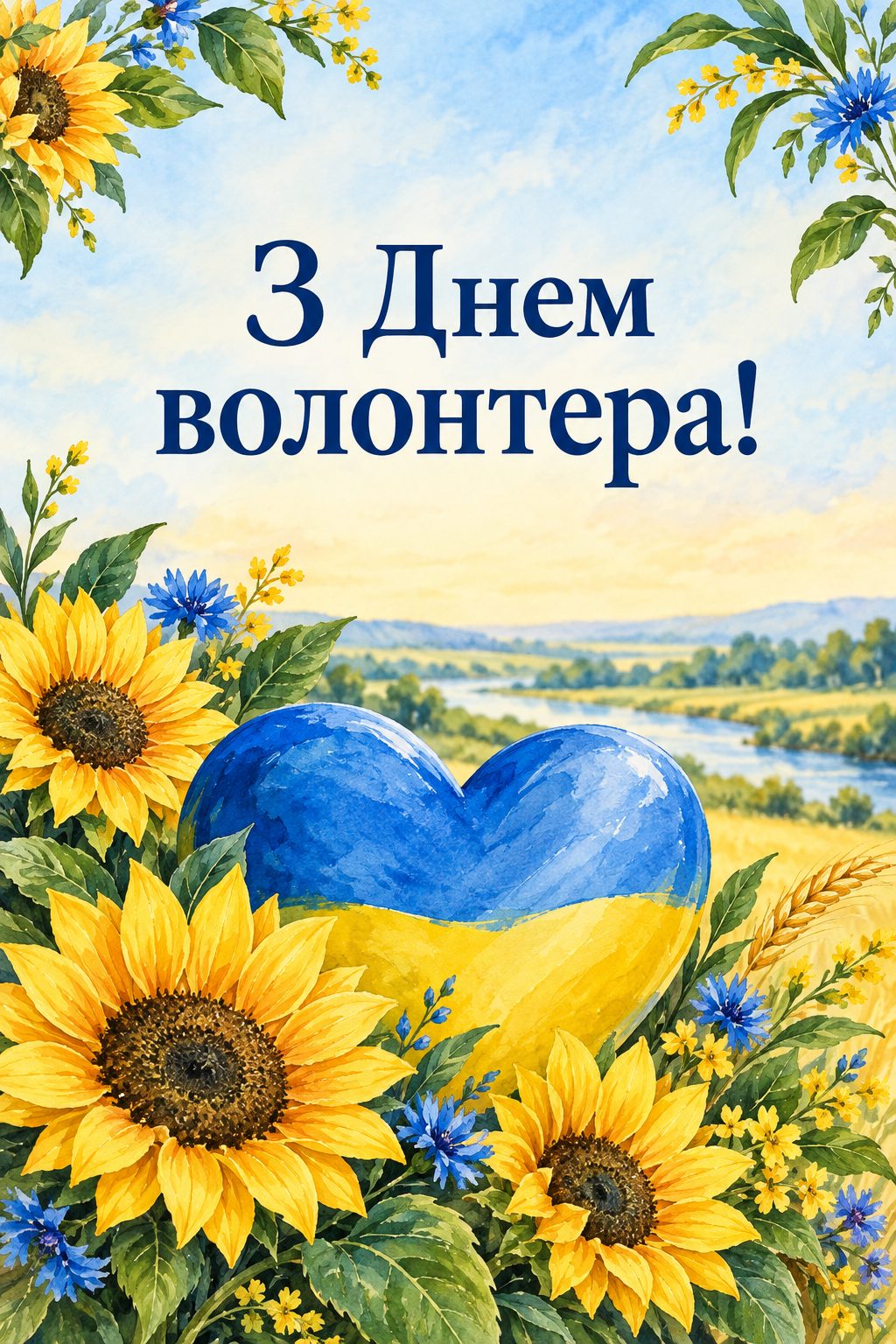 Листівка з Днем волонтера: велике жовто-блакитне серце й соняшники, напис «З Днем волонтера!»