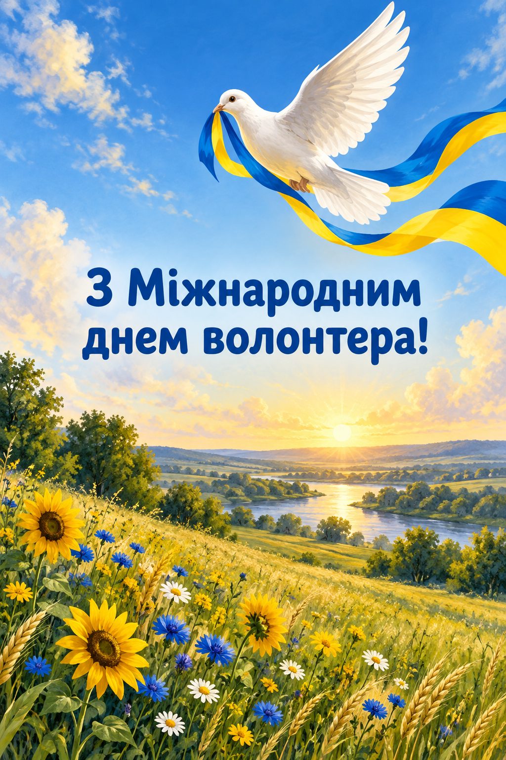 Листівка з Днем волонтера: білий голуб із жовто-блакитною стрічкою над полем, напис «З Міжнародним днем волонтера!»