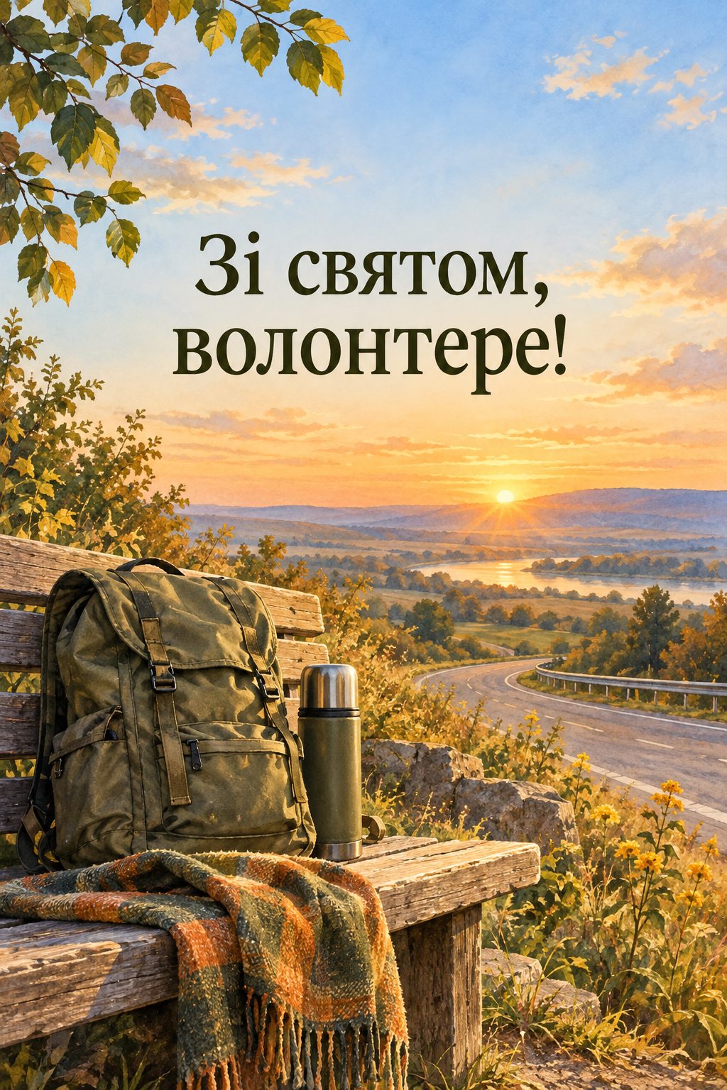 Листівка з Днем волонтера: рюкзак і термос на лавці біля дороги на світанку, напис «Зі святом, волонтере!»