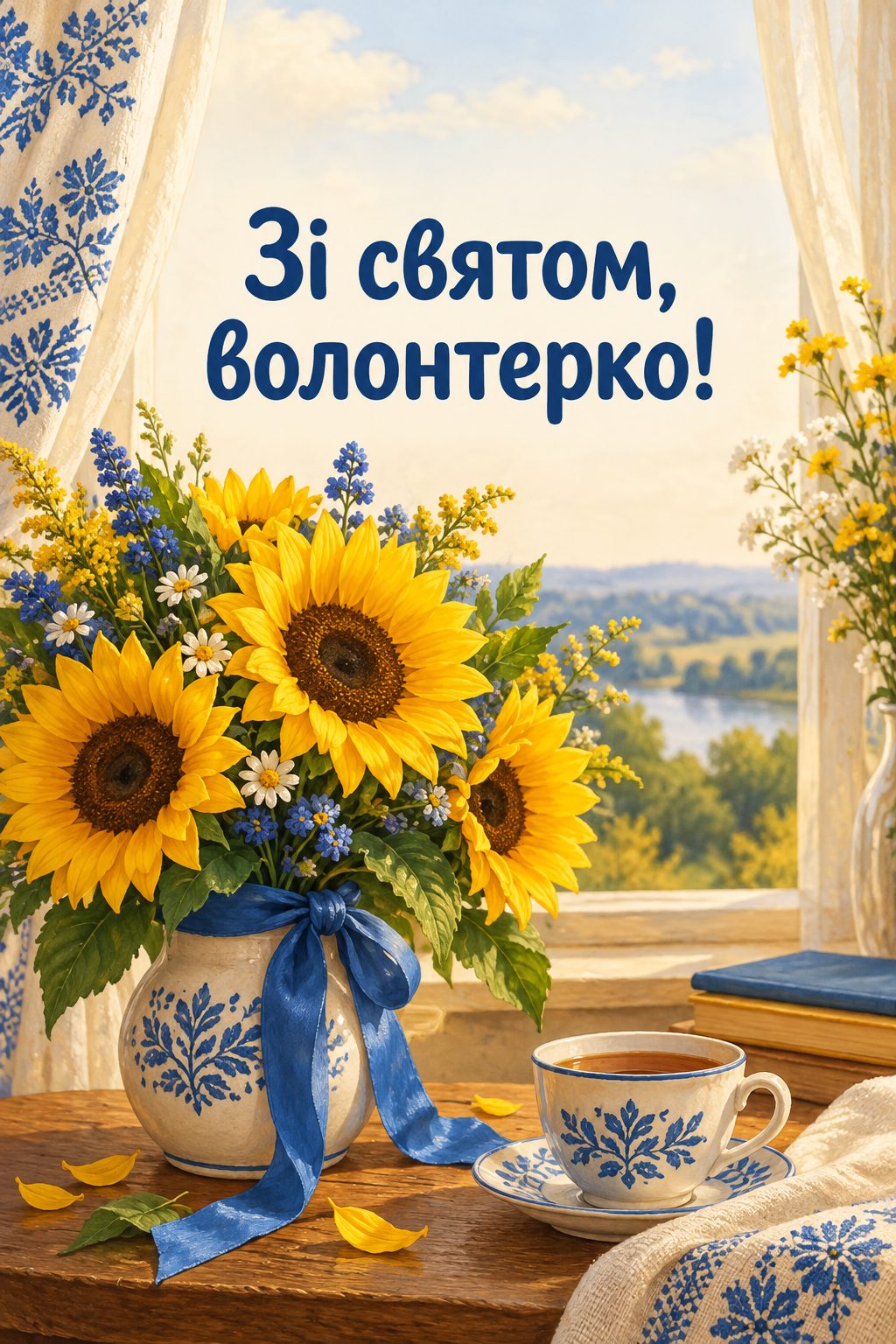 Листівка з Днем волонтера: букет соняшників із синьою стрічкою й чашка чаю, напис «Зі святом, волонтерко!»