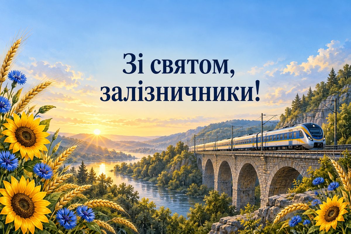 Листівка з Днем залізничника: сучасний електропотяг на камʼяному віадуці, напис «Зі святом, залізничники!»