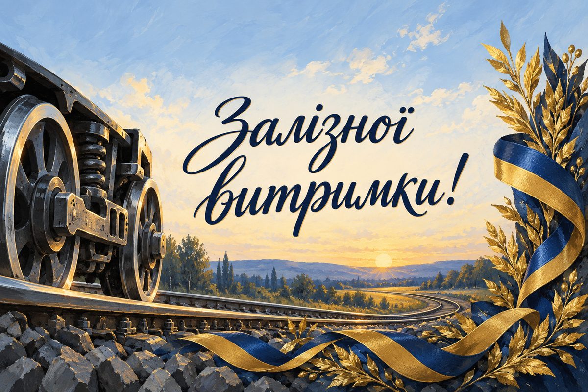 Листівка з Днем залізничника: залізничні колеса й рейки зі стрічкою, напис «Залізної витримки!»