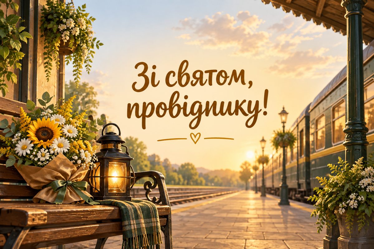 Листівка з Днем залізничника: залізничний ліхтар і букет на лавці станції, напис «Зі святом, провіднику!»