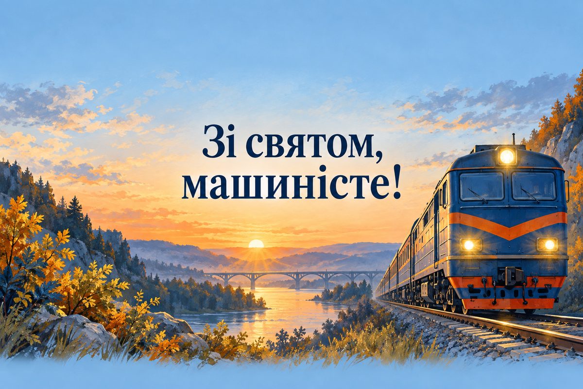 Листівка з Днем залізничника: локомотив із фарами на світанку, напис «Зі святом, машиністе!»