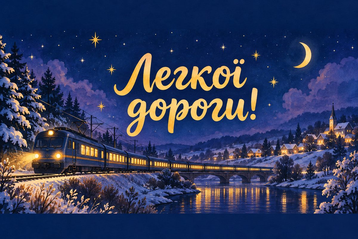 Листівка з Днем залізничника: нічний потяг зі світлими вікнами біля села, напис «Легкої дороги!»