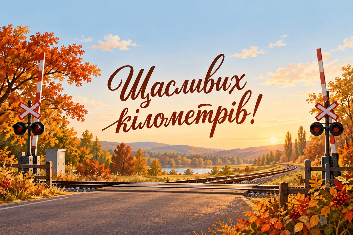 Листівка з Днем залізничника: залізничний переїзд в осінньому краєвиді, напис «Щасливих кілометрів!»