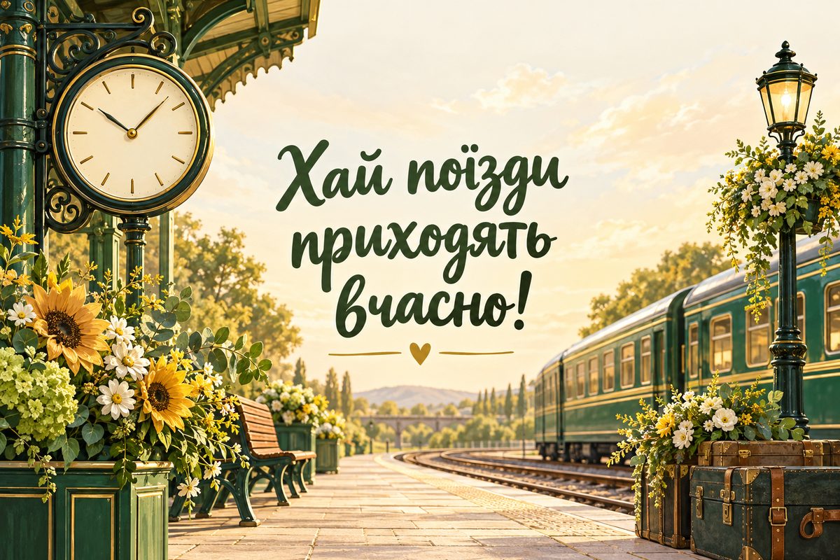 Листівка з Днем залізничника: перон із великим годинником і квітами, напис «Хай поїзди приходять вчасно!»