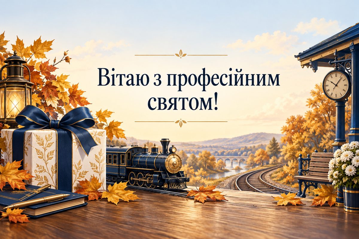 Листівка з Днем залізничника: подарунок зі стрічкою й іграшковий локомотив, напис «Вітаю з професійним святом!»