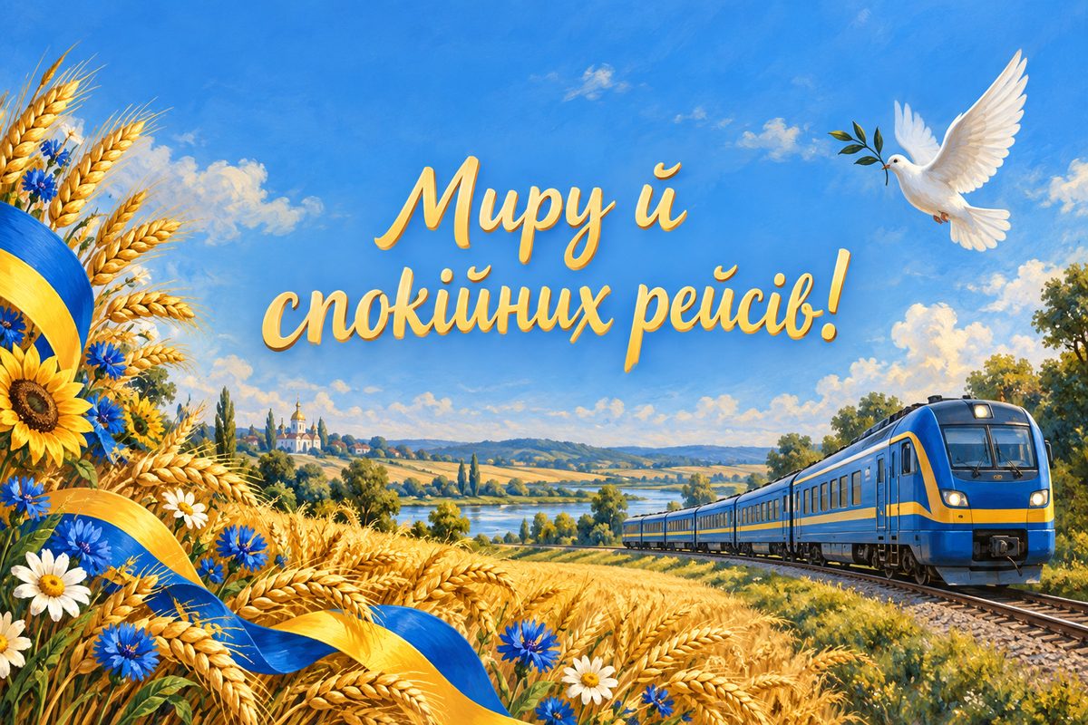 Листівка з Днем залізничника: потяг під мирним небом серед пшениці й голуб, напис «Миру й спокійних рейсів!»
