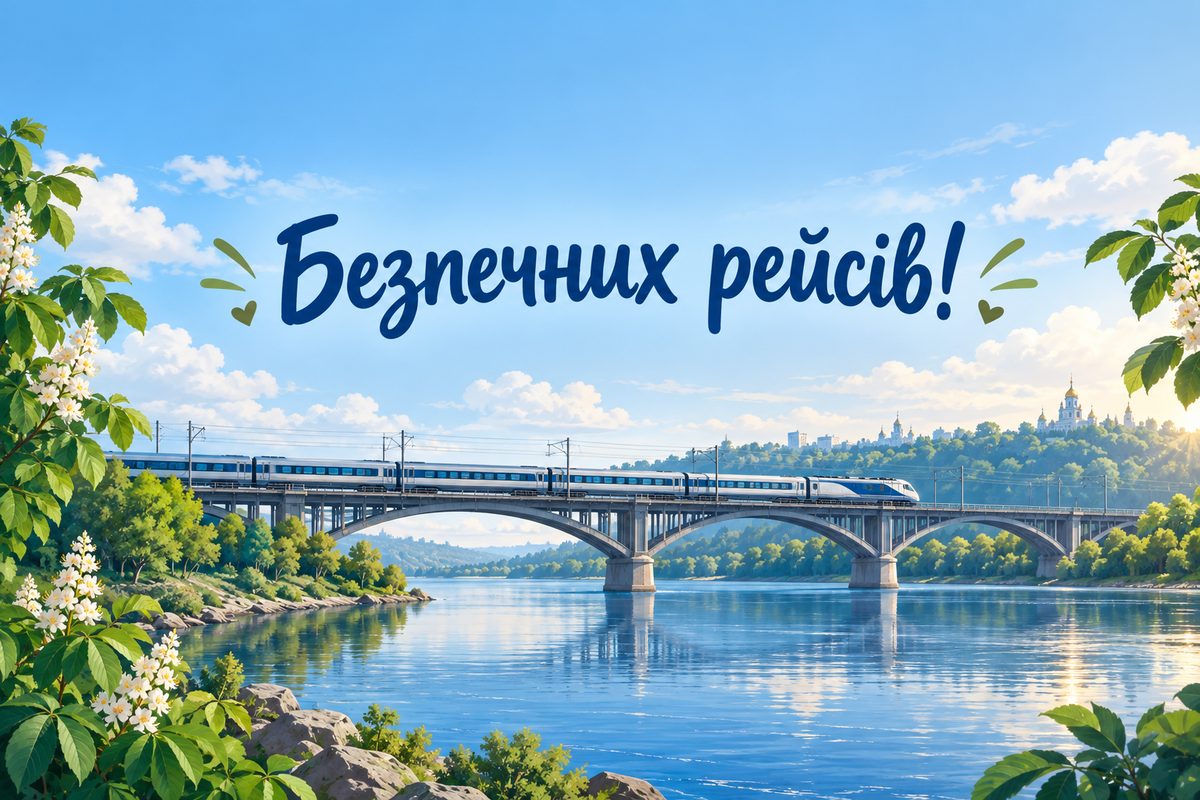 Листівка з Днем залізничника: потяг на мосту через широку річку, напис «Безпечних рейсів!»
