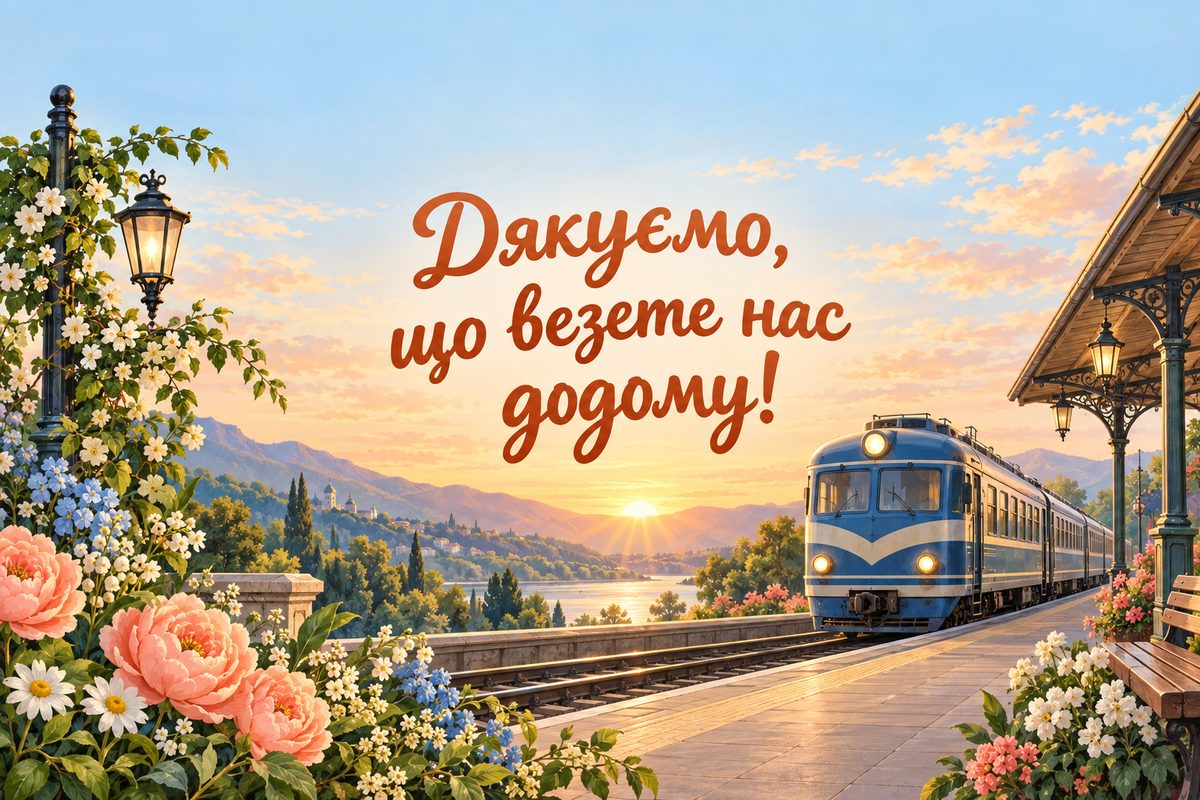 Листівка з Днем залізничника: потяг прибуває на станцію на світанку, напис «Дякуємо, що везете нас додому!»