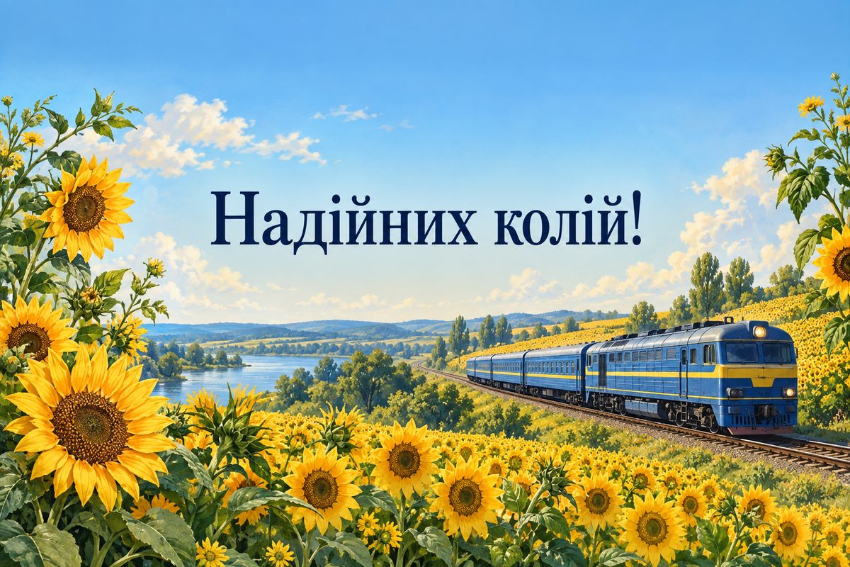 Листівка з Днем залізничника: потяг серед соняшникового поля, напис «Надійних колій!»