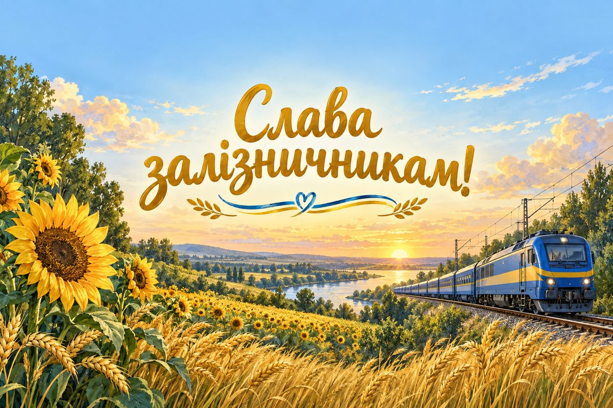 Листівка з Днем залізничника: потяг серед соняшників і пшениці в золоту годину, напис «Слава залізничникам!»