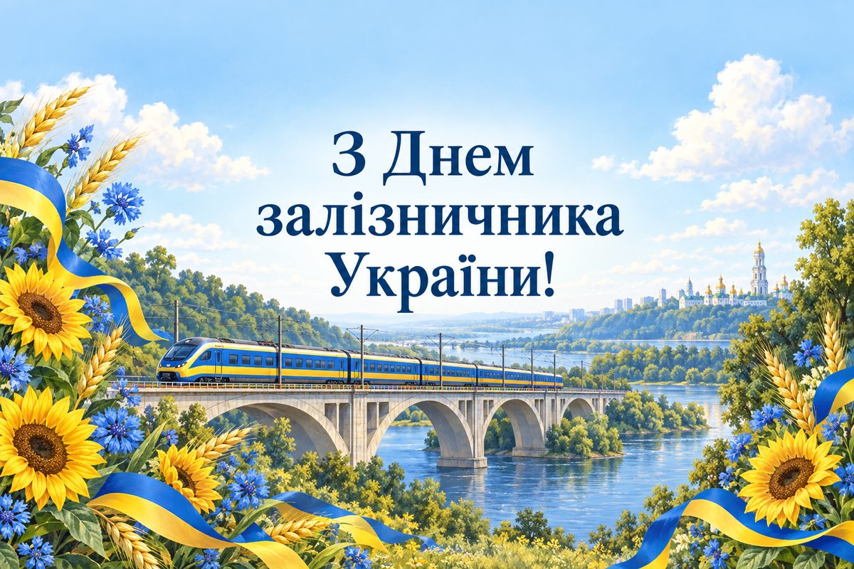 Листівка з Днем залізничника: потяг на мосту із синьо-жовтими стрічками, напис «З Днем залізничника України!»
