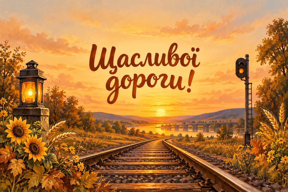 Листівка з Днем залізничника: рейки, що сходяться до обрію на заході сонця, напис «Щасливої дороги!»