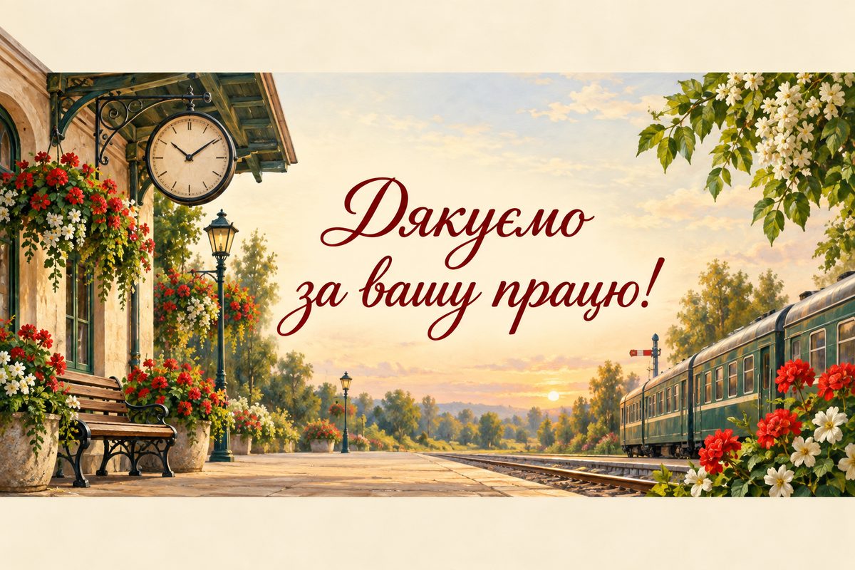 Листівка з Днем залізничника: невелика станція з квітами й годинником, напис «Дякуємо за вашу працю!»