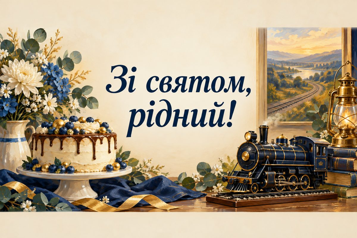 Листівка з Днем залізничника: торт та іграшковий локомотив на столі, напис «Зі святом, рідний!»