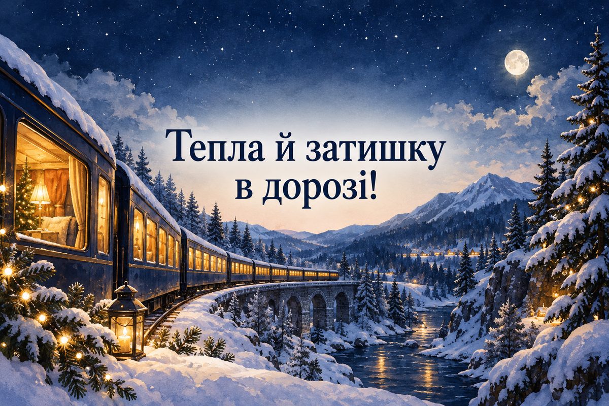 Листівка з Днем залізничника: освітлений вагон у зимовому лісі вночі, напис «Тепла й затишку в дорозі!»