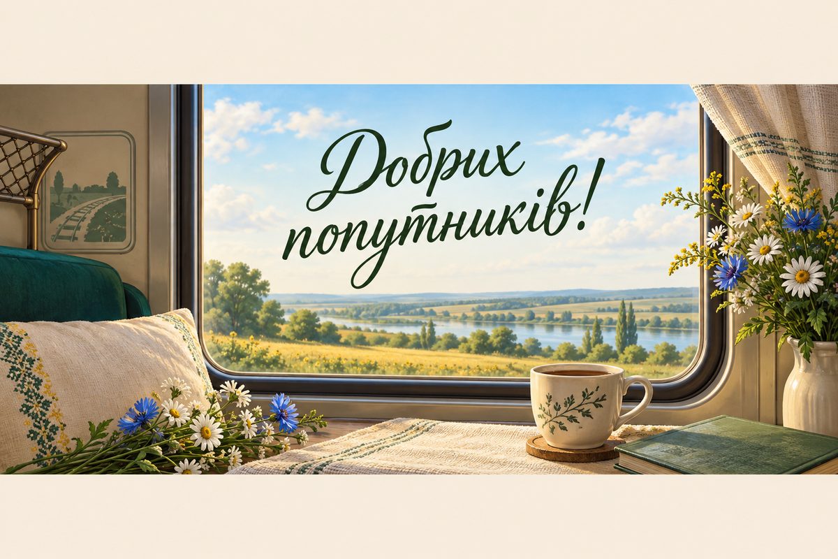 Листівка з Днем залізничника: вікно купе з видом на поля й чашка чаю, напис «Добрих попутників!»