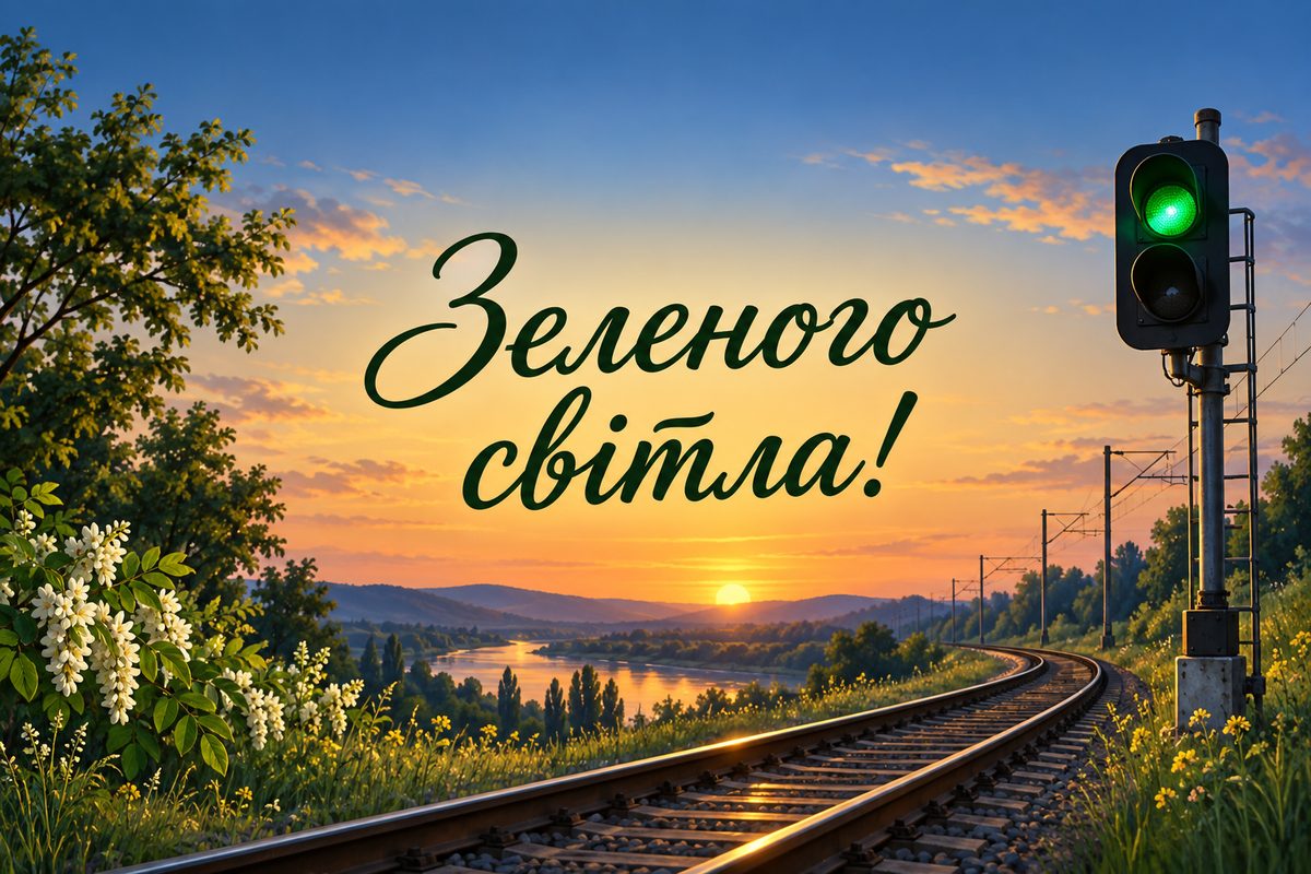 Листівка з Днем залізничника: залізничний світлофор світить зеленим, напис «Зеленого світла!»