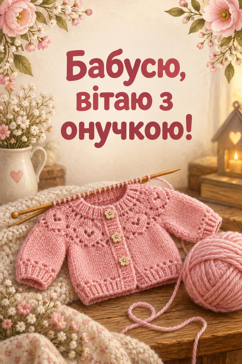 Листівка з народженням донечки: спиці з крихітною рожевою кофтинкою й клубок, напис «Бабусю, вітаю з онучкою!»