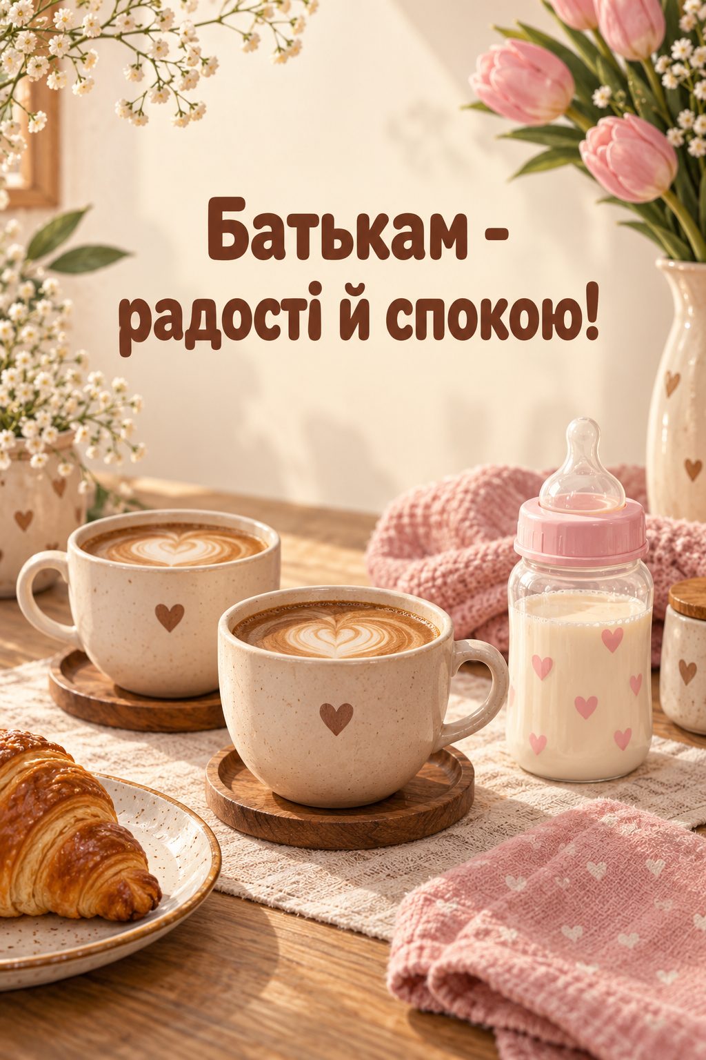 Листівка з народженням донечки: дві чашки кави й пляшечка з рожевою кришечкою, напис «Батькам - радості й спокою!»