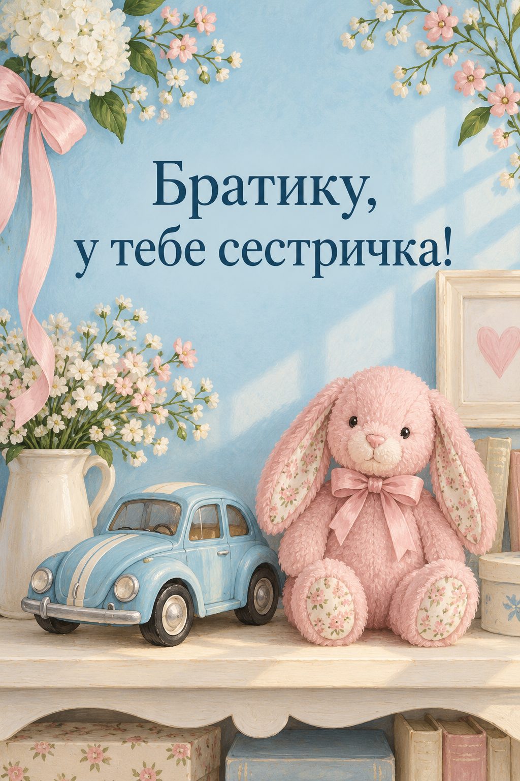 Листівка з народженням донечки: машинка й рожевий зайчик поруч на полиці, напис «Братику, у тебе сестричка!»