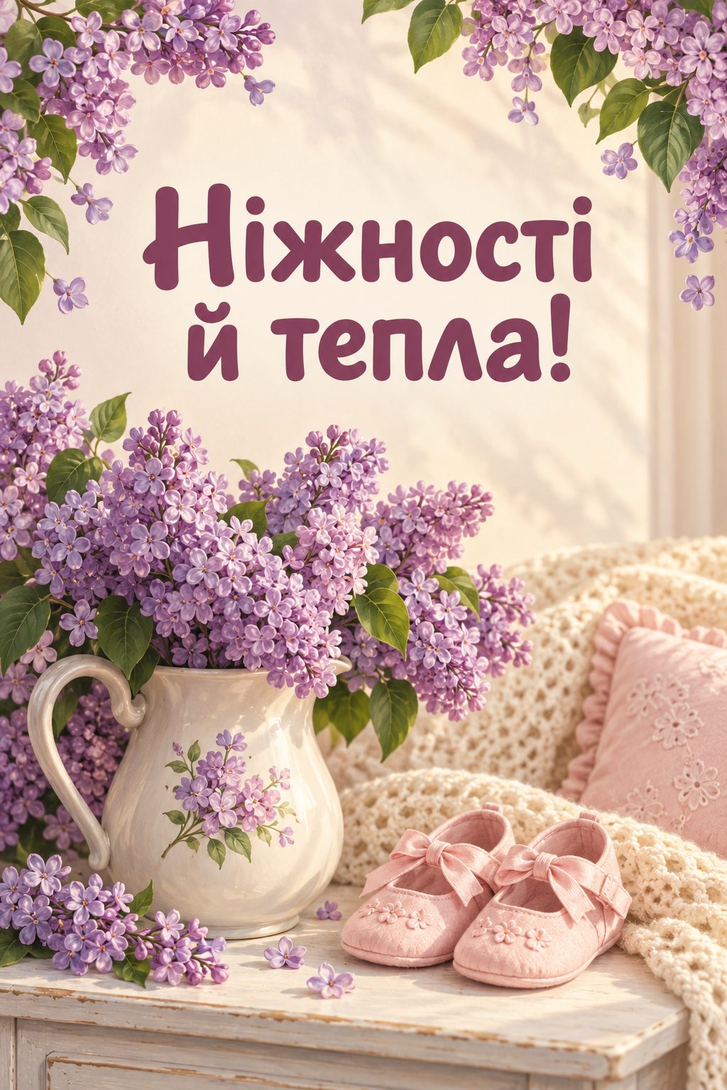 Листівка з народженням донечки: бузок у глечику й рожеві черевички, напис «Ніжності й тепла!»