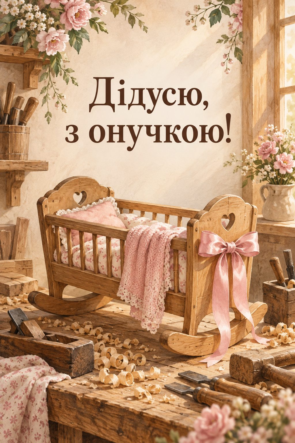 Листівка з народженням донечки: дерев'яна лялькова колиска в майстерні, напис «Дідусю, з онучкою!»