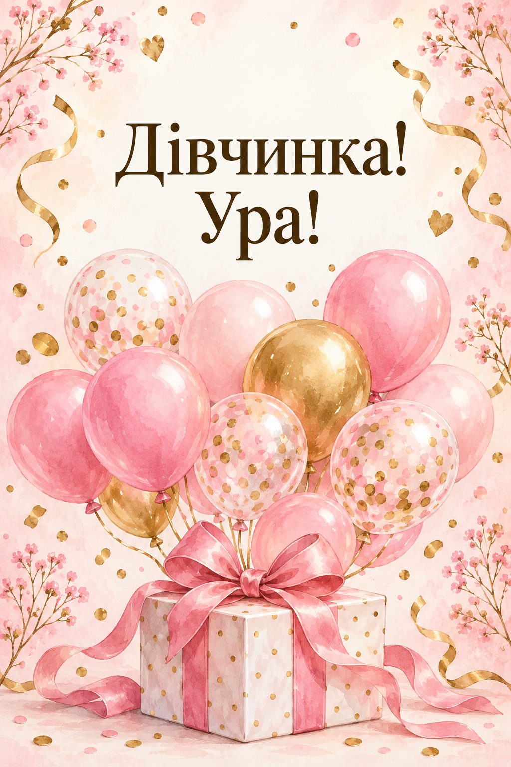 Листівка з народженням донечки: рожеві кульки з конфеті над подарунком, напис «Дівчинка! Ура!»