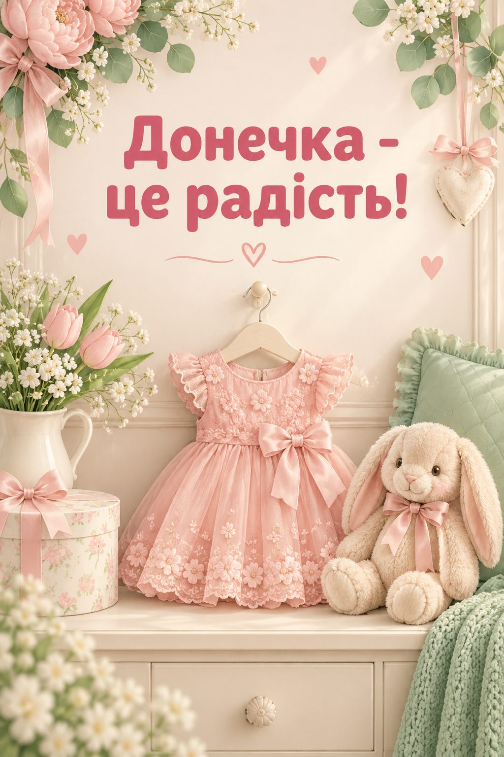 Листівка з народженням донечки: рожева сукенка на вішачку й зайчик із бантом, напис «Донечка - це радість!»